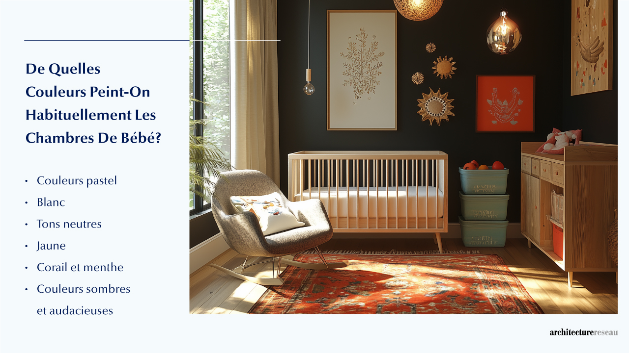 Chambre de bébé – Taille, fonctionnalités, usages, mobilier Quelles sont les couleurs généralement utilisées pour peindre les chambres de bébés ?