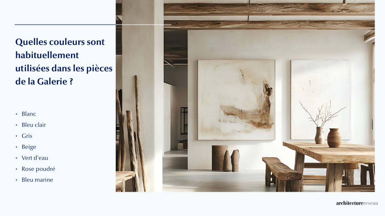 Quelles couleurs sont habituellement utilisées dans les pièces de la galerie ?