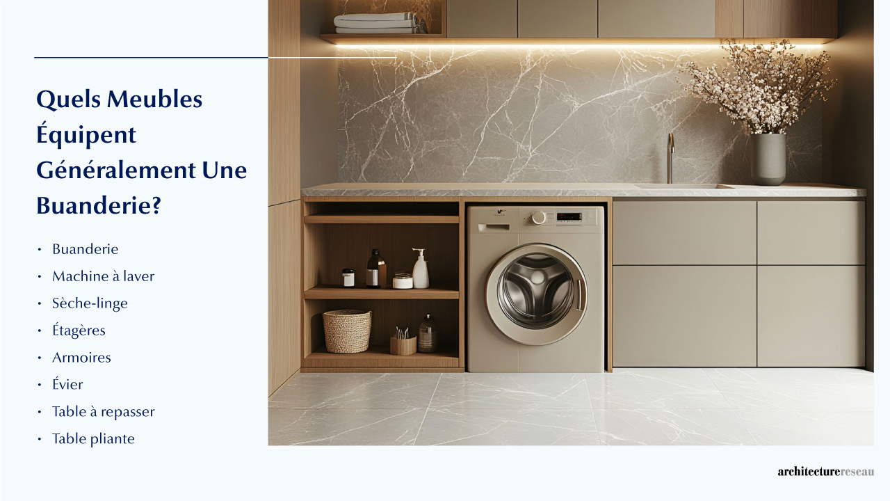 Quel mobilier équipe couramment une buanderie technique ?