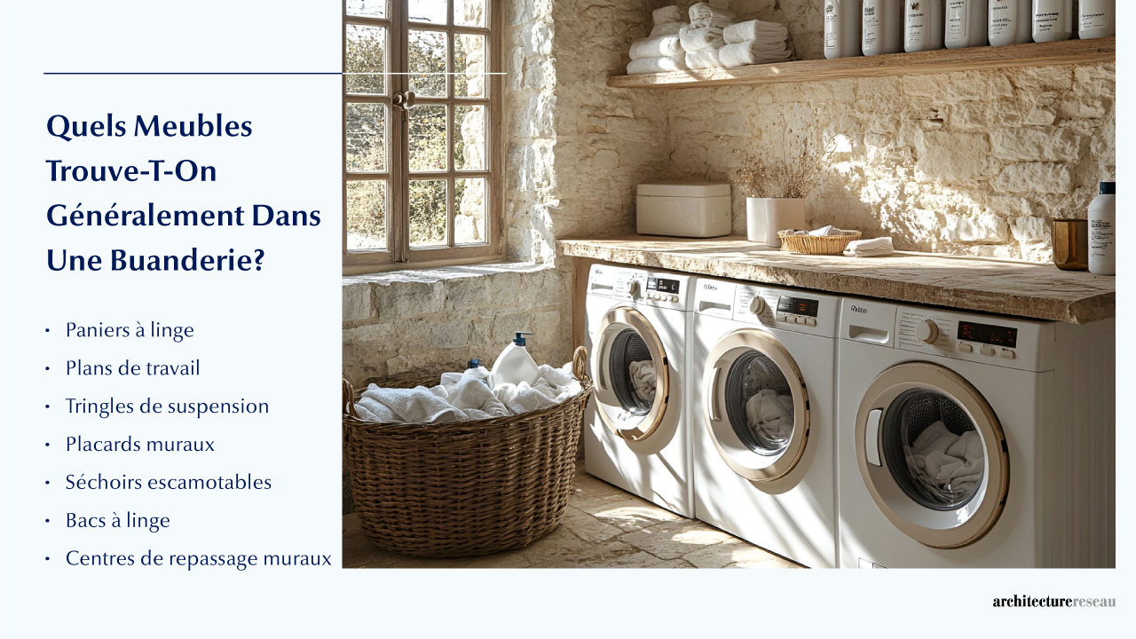 Buanderie - Taille, Fonctionnalités, Usages, Mobilier Et Rénov Quels meubles équipent généralement une buanderie ?